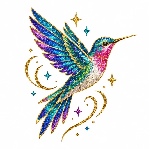 Glitter tattoo design of a colorful hummingbird with golden outlines and celestial accents