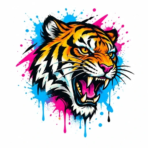 Roaring tiger head tattoo with neon pink and blue graffiti paint splatters and sharp black linework.