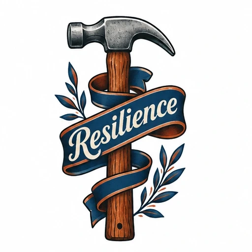 Hammer wrapped by a navy banner reading 'Resilience' with blue and brown leaves