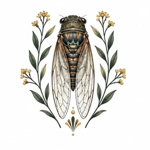 Cicada with transparent wings and patterned body, flanked by green leaves and yellow flowers