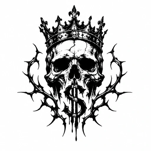 Black skull with crown, dripping dollar sign, and surrounding thorny vines tattoo design