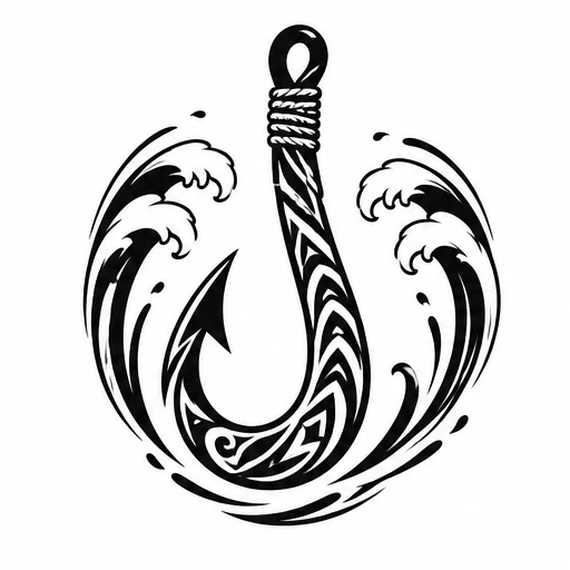 Black tribal fish hook tattoo design surrounded by stylized ocean waves