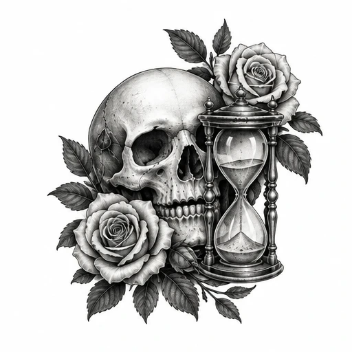 Black and grey skull with roses and hourglass tattoo design