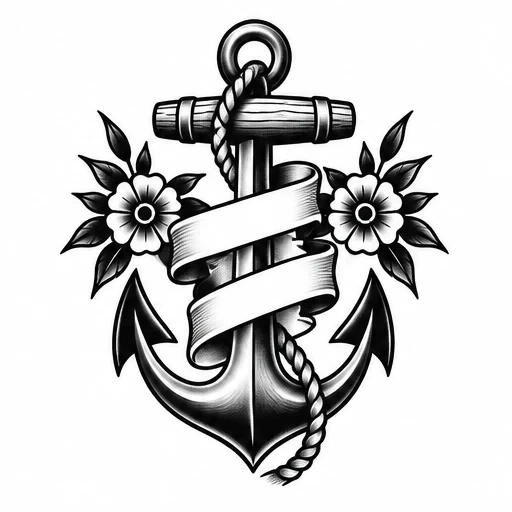 Black and white anchor tattoo design with flowers and a ribbon banner