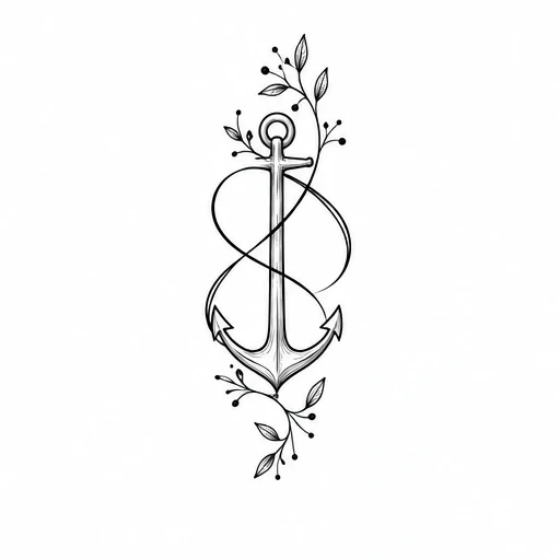 Black anchor tattoo design entwined with leafy vine and berries