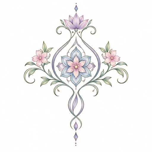 Symmetrical floral tattoo design with blue central flower, pink side flowers, green leaves, and swirling vines in pastel colors