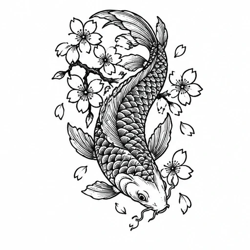 Black ink illustration of a koi fish swimming surrounded by cherry blossoms with falling petals.