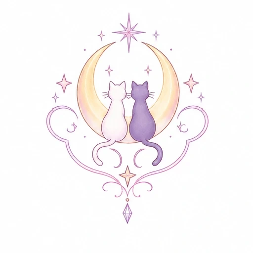 Two cats sitting back-to-back on a crescent moon with surrounding stars and ornamental swirls in pastel colors.