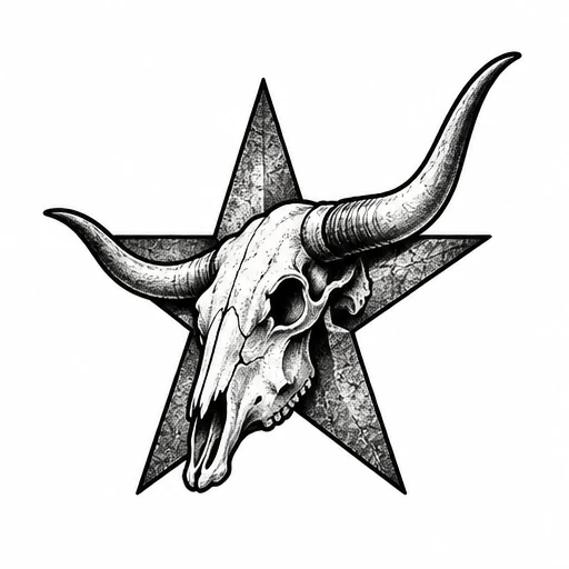 Longhorn skull tattoo design with textured Texas lone star background