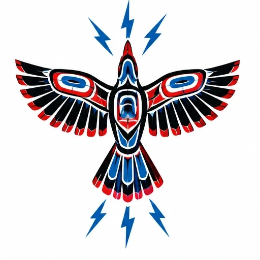 Indigenous-style thunderbird tattoo design in black, red, and blue with lightning bolts
