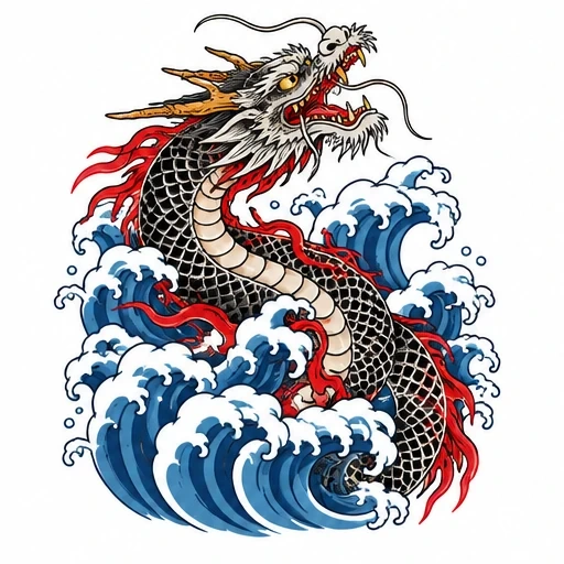 Traditional Japanese dragon with black scales and red flames emerging from stylized blue ocean waves