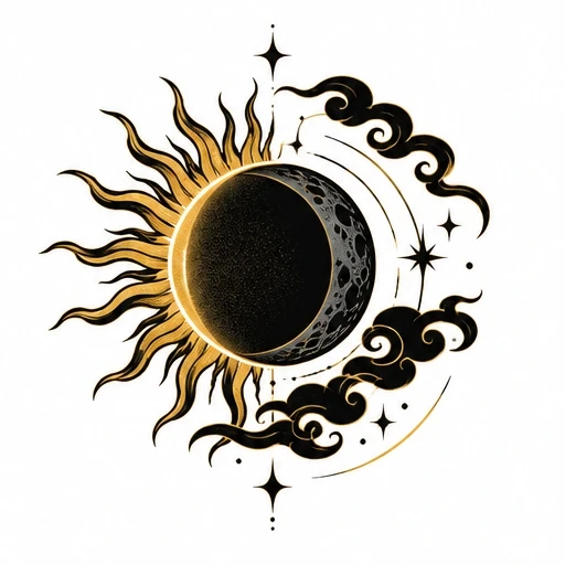 Tattoo design of a sun and moon eclipse with black swirling clouds and stars