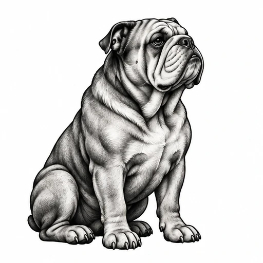 Detailed black and grey drawing of a seated English Bulldog with wrinkled skin and expressive eyes.