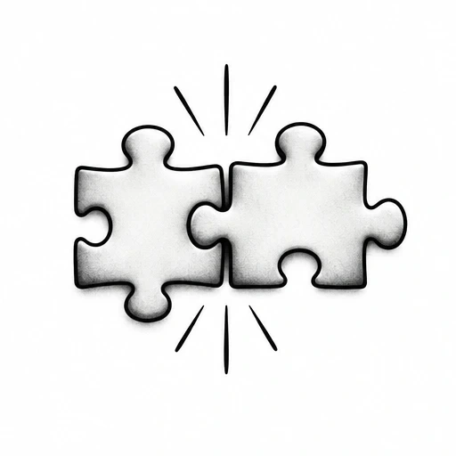 Two interlocking puzzle pieces with lines radiating from their connection point