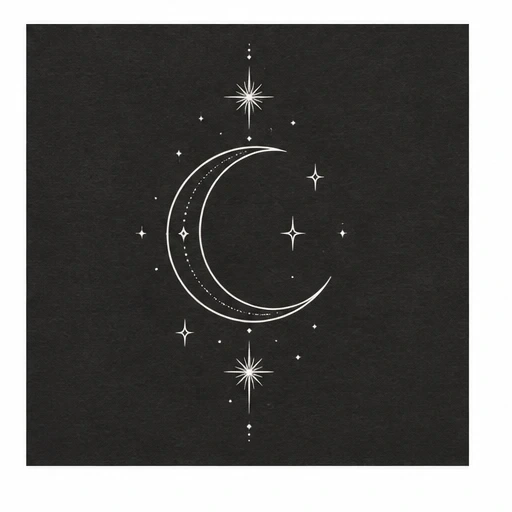 White crescent moon with sparkling stars on black background
