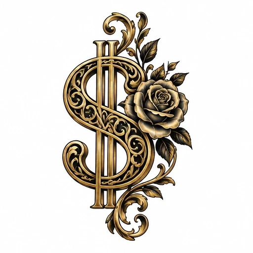 Gold dollar sign with ornate scroll decorations and a detailed golden rose with leaves