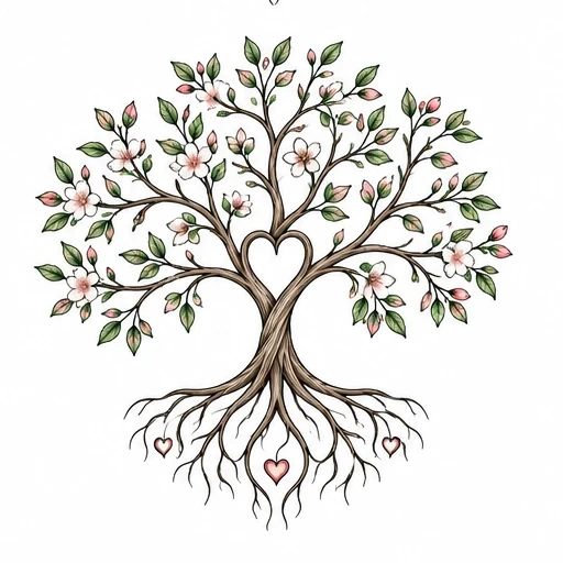 Family tree tattoo design with heart-shaped intertwined branches, pink and white flowers, green leaves, and roots with small hearts.