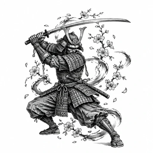 Black and white drawing of a samurai in armor holding a katana above his head, cherry blossoms swirling around.