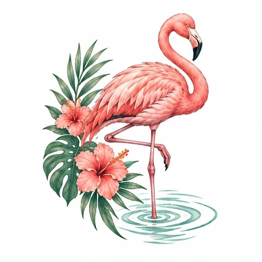 Pink flamingo standing on one leg with tropical green leaves and coral hibiscus flowers, with water ripples beneath.