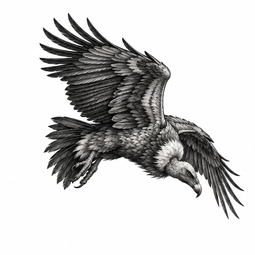 Black and gray tattoo of a vulture flying with wings spread wide and legs extended, detailed feathers and shading.