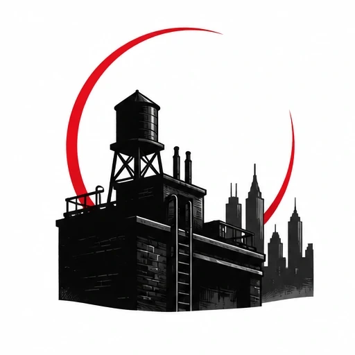 Tattoo showing rooftop water tower and building silhouettes with red crescent moon backdrop