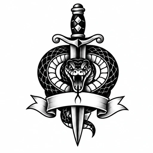 Black and white tattoo design of a snake coiled around a dagger with a blank banner in American traditional style