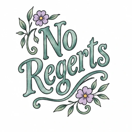 Tattoo design of 'No Regerts' in stylized teal script surrounded by purple flowers and green leaves with swirling flourishes