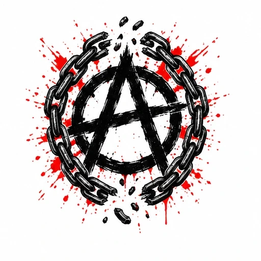 Anarchy symbol encircled by broken black chain with red blood-like splatters