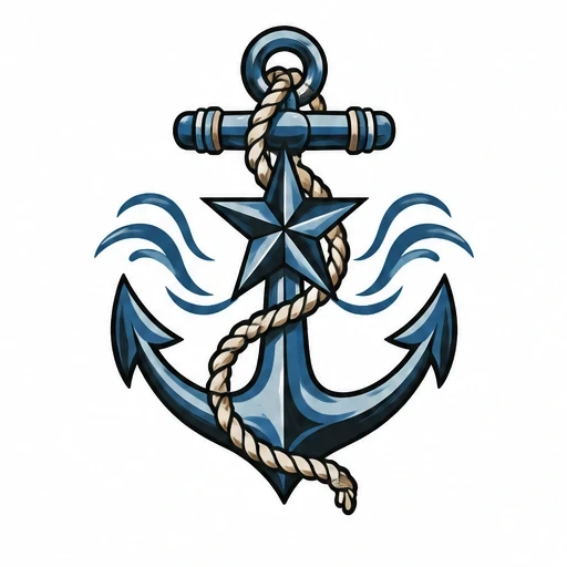 Blue nautical anchor with central star wrapped in rope and stylized waves around