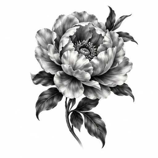 Black and grey realism tattoo of a blooming peony flower with multiple curled petals and detailed leaves