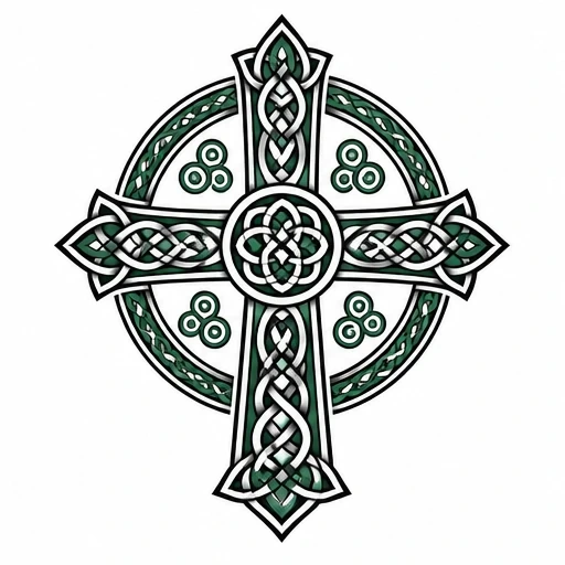 Celtic cross tattoo design with green and black interwoven knots and circular triquetra motifs
