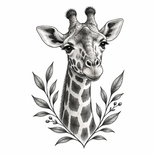 Black and gray tattoo of a giraffe head surrounded by branches with leaves and berries