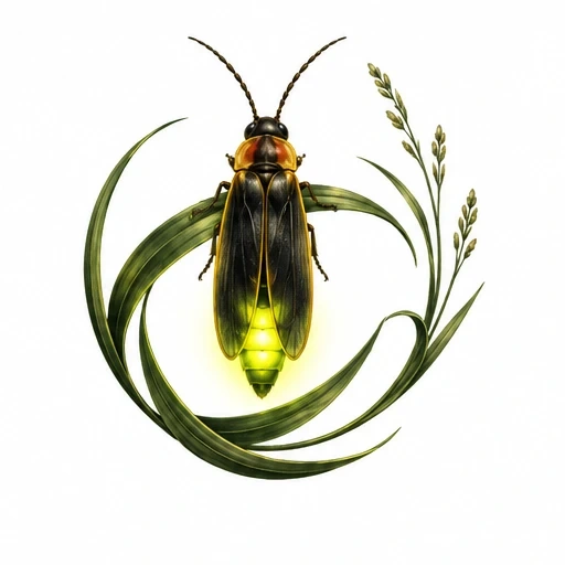 Illustration of a glowing firefly within a circular arrangement of curved green leaves and grass stalks