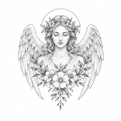 Black and white detailed drawing of a serene angel with closed eyes, halo, floral crown, flowing hair, large wings, and floral arrangement below.