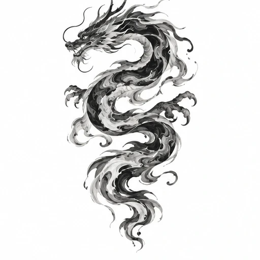 Black and gray sumi-e style dragon with fluid body and clawed limbs.