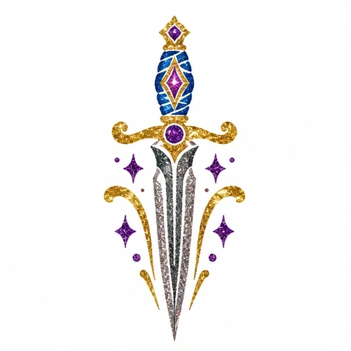 Glittery dagger tattoo with blue, gold, silver, and purple elements, surrounded by sparkling stars.