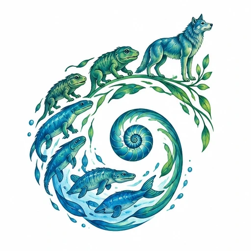 Spiral tattoo showing fish evolving into amphibians and finally a wolf standing on a leafy branch around a central ammonite shell.