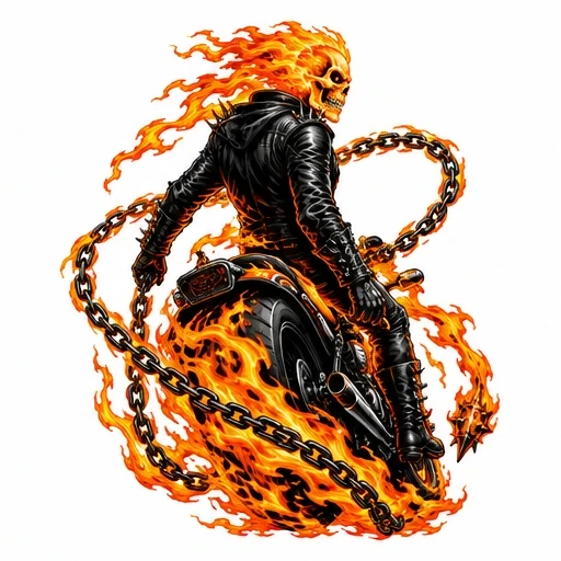 Ghost Rider riding a motorcycle with flaming skull and chains in fire, black leather jacket and flaming wheels