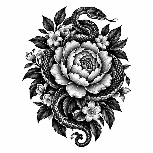 Black and grey tattoo design of a snake coiled around a large peony flower with smaller flowers and leaves.