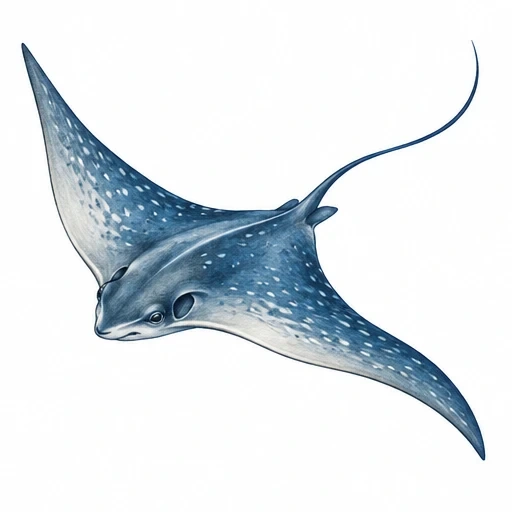 Blue and white spotted stingray with curved wings and long tail in dynamic swimming pose.