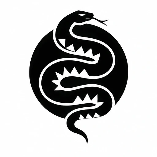 Black snake silhouette with negative space triangular spikes inside a black circle on white background