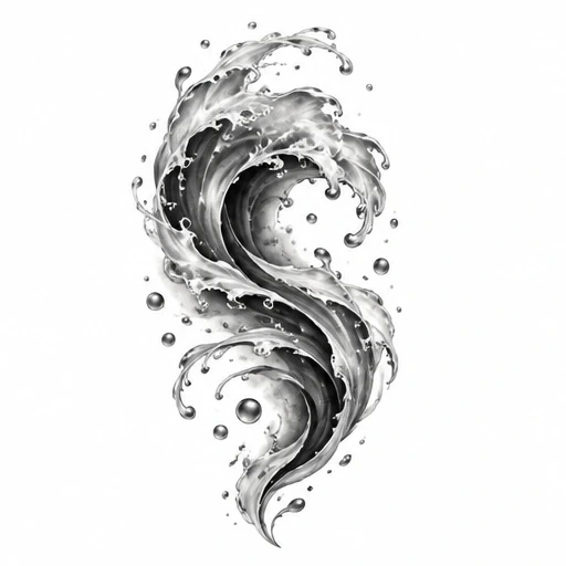 Black and grey realism tattoo design of an S-shaped wave with splashing water droplets