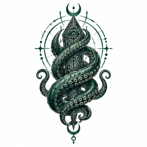 Illustration of a dark green tentacle coiled around a stone obelisk with an eye in the center, surrounded by a geometric circle and crescent moons.