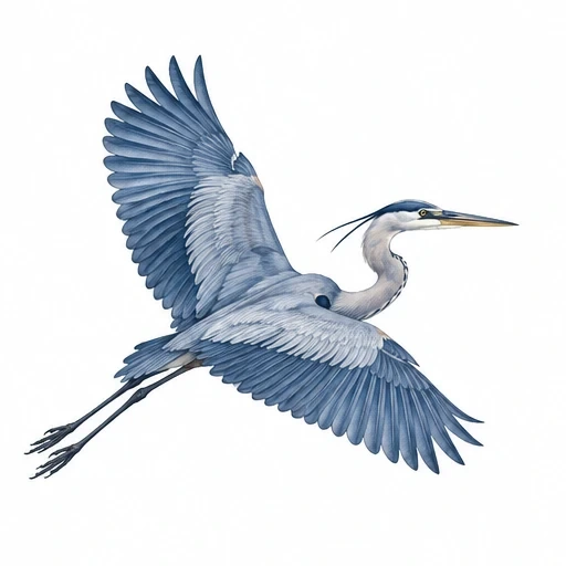 Blue heron tattoo design with detailed blue-gray feathers and outstretched wings.