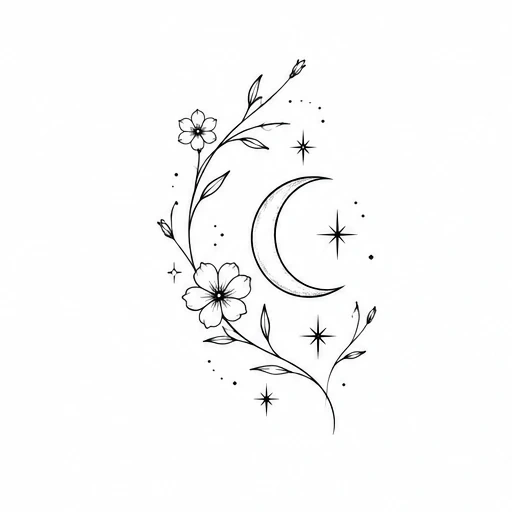 Fine line tattoo of crescent moon with flowering vine and stars