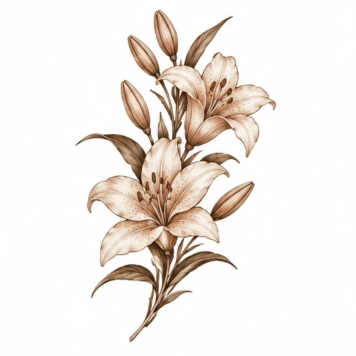 Sepia-toned tattoo design of two blooming lilies with buds and leaves in a vertical arrangement.