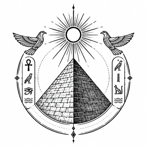 Black line drawing of an Egyptian pyramid with sun above and two birds on sides, surrounded by a circular decorative frame and hieroglyphs