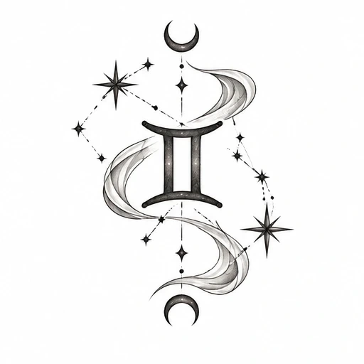 Black and grey Gemini zodiac tattoo design with crescent moons and star constellation