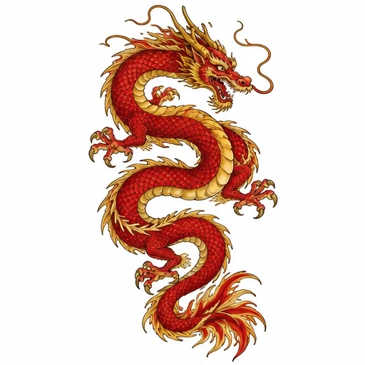 Red and gold Asian dragon tattoo design with detailed scales and flames in dynamic curved pose
