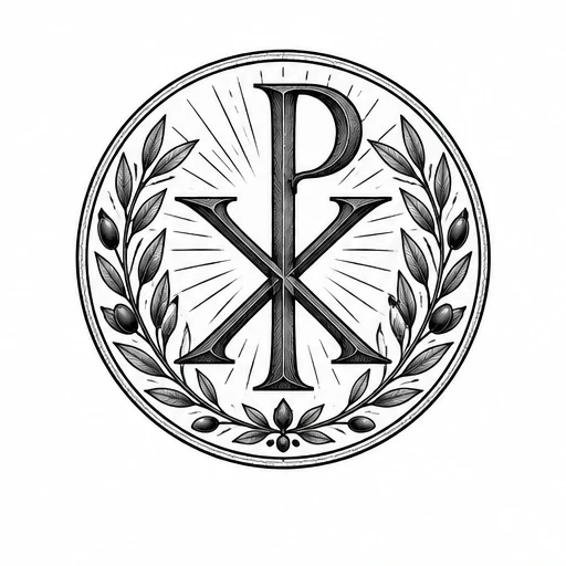 Chi Rho symbol enclosed by olive branch wreath in black ink